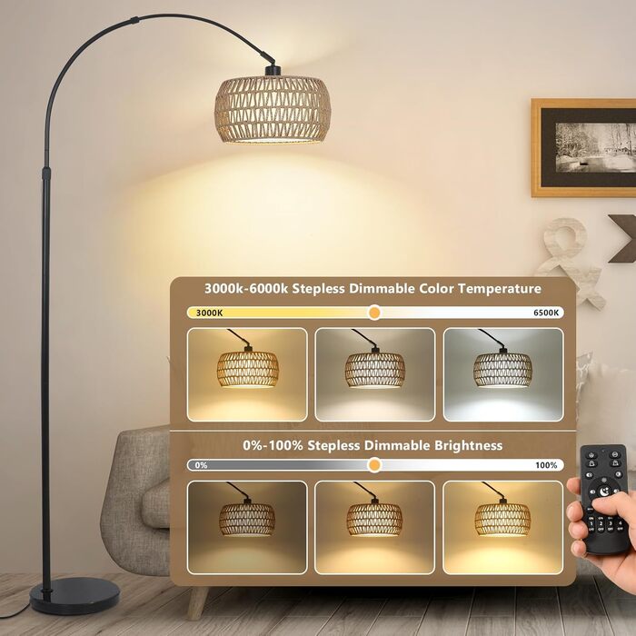 Торшер Rayofly з ротангу для вітальні, чорний, з LED-лампою, дистанційним керуванням та подвійним абажуром, Boho стиль, E27, керування через додаток