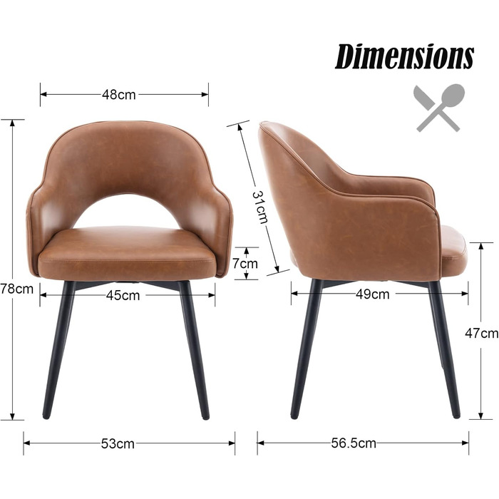 Комплект з 2 стільців для їдальні Chairus, обертові на 360°, м'які кухонні крісла з підлокітниками, PU шкіра, для дому, офісу, вітальні, коричневі, 53x58x78 см
