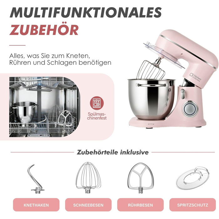 Кухонна машина Kitchen in the box Kompakte — планетарний міксер та тістоміс 3.5L/5L, 10 швидкостей, з вінчиком, гаком та міксером (Рожевий)