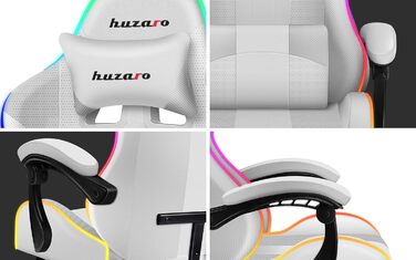 Ігрове крісло Huzaro Force 4.7, офісне, до 140 кг, RGB, біле, з підлокітниками, підставкою для ніг, подушкою для шиї та попереку, дихаюча сітка