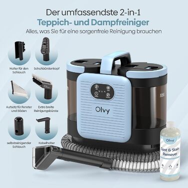 Olvy Teppichreiniger PRO: професійний пароочисник для килимів та м'яких меблів, 1650W. Включає миючий засіб. Підходить для чищення диванів, матраців та оббивки.