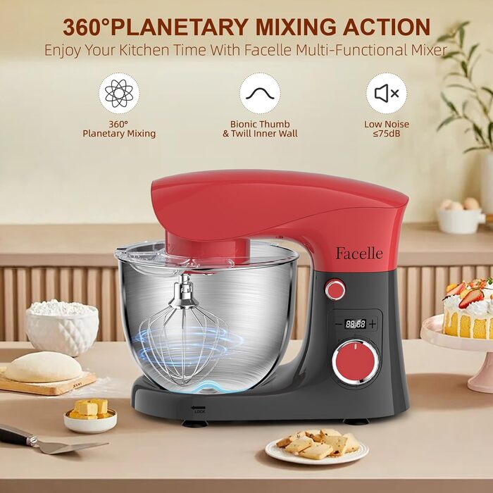 Кухонна машина-міксер Facelle 1500W з чашею 5.5L/4.5L, 10+ програм, тиха робота, з набором насадок (червоно-сірий)
