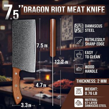 Кухонний ніж для м'яса DRAGON RIOT з дамаської сталі, японський професійний ніж, надгострий (19 см)
