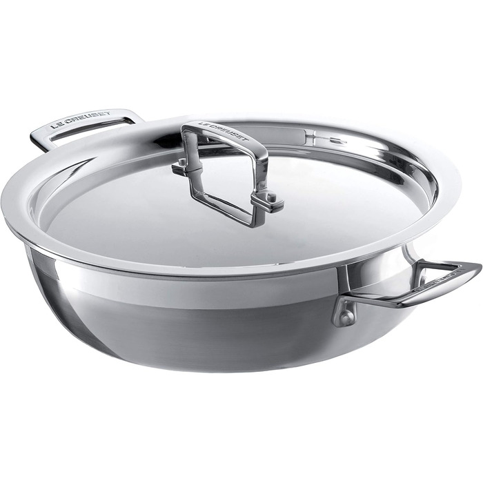 Сковорода Le Creuset з кришкою, 30 см, нержавіюча сталь, для всіх типів плит (індукція, духовка), срібна