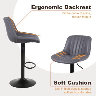 Комплект з 2 барних стільців Youhauchair, обертові барні стільці з підлокітниками, регулювання висоти, сучасний кухонний табурет з темно-сірого PU-шкіри