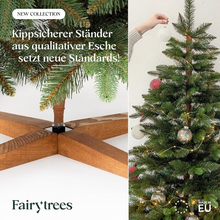 Штучна ялинка FAIRYTREES Nordmann Premium 220 см, білий засніжений сосновий колір, PVC, з натуральними шишками та дерев'яною підставкою