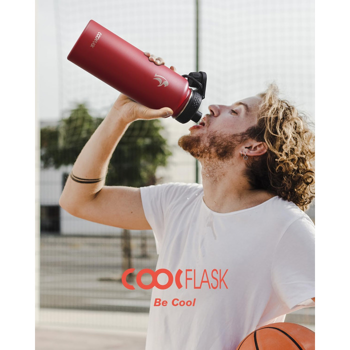 Термопляшка Coolflask з соломинкою та 3 кришками, 1.2 л, нержавіюча сталь, червона — ізольована спортивна пляшка для води, офісу та подорожей, герметична