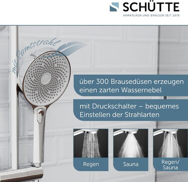 Ручний душ SCHÜTTE SAMOA RAIN з технологією м'якого струменя, 3 режими, антикальцієвий, 300 форсунок, білий, для душу