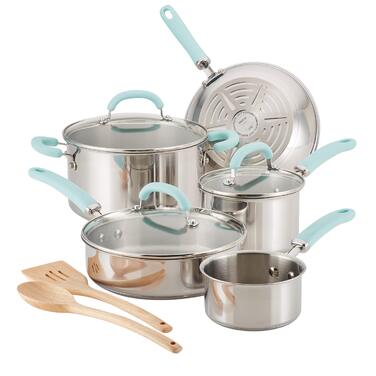 Набір посуду Rachael Ray Create Delicious з нержавіючої сталі, 10 предметів, червоні ручки