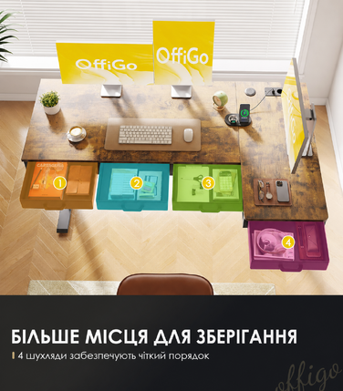 Кутовий стіл OffiGo з регулюванням висоти 140x80 см, електричний, з 4 шухлядами, коричневий вінтаж для офісу та кабінету