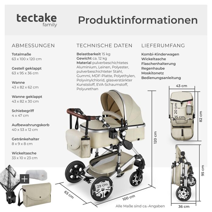 Дитяча коляска Tectake 2 в 1: розкладний візок-ліжко з підніжкою, тримачем для напоїв, люлькою та дощовиком (сірий/бежевий)