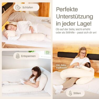 Подушка для вагітних та годування XL для сну на боці, з наповнювачем Memory Foam та чохлом з 100% бавовни, бежева