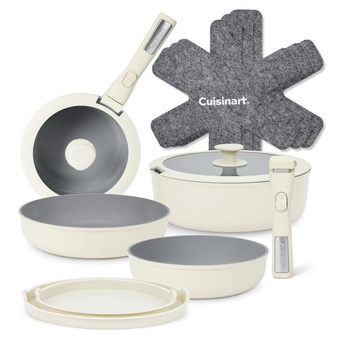 Набір посуду Cuisinart Ceramica XT 11 предметів: каструлі, сковороди, сотейник, пароварка. Керамічне антипригарне покриття з титановим зміцненням. Без PTFE, PFOA та PFAS, колір - слонова кістка