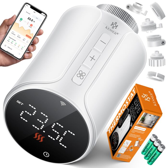 KESSER® WiFi термостат на радіатор опалення з керуванням через додаток Smart Home | Комплект з 6 вентилів для опалення, сумісний з Alexa та Google Assistant | Економія енергії та коштів, білий