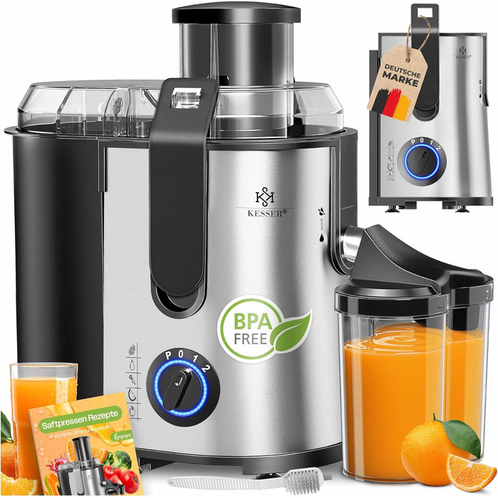 Електрична соковитискачка KESSER® Zentrifuge з нержавіючої сталі, 1100W, велика трубка для завантаження, 3 швидкості, сірий/сріблястий колір