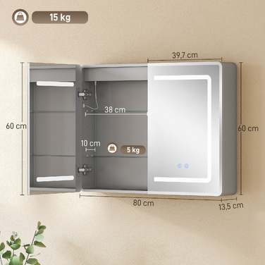 Дзеркальна шафа у ванну кімнату з LED-підсвіткою, 60 x 80 см, з функцією антизапотівання та 3-рівневим диммуванням