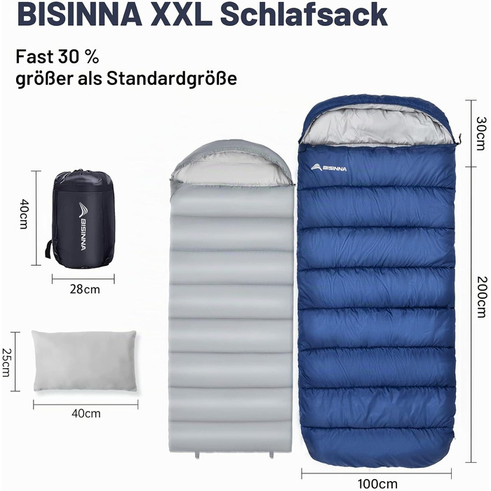 Зимовий спальний мішок BISINNA XXL для дорослих, теплий кемпінговий спальник на 3-4 сезони, поширена модель Plus Size (Синій, 2.5 кг, застібка справа)