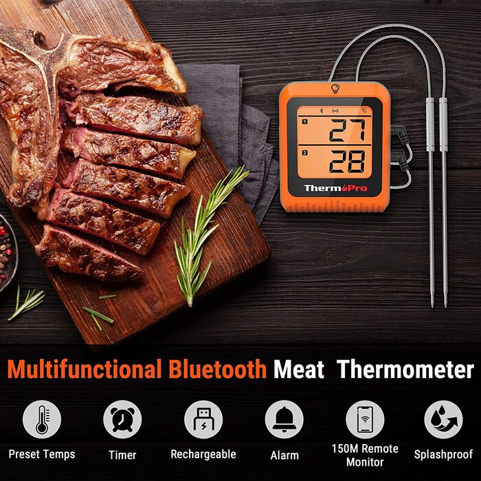 Кухонний термометр ThermoPro TP25H2 з таймером і Bluetooth, 150 м, для м'яса, гриля та духовки