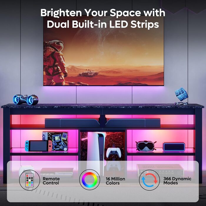 Тумба під телевізор Bestier 70 дюймів з LED-підсвіткою, для PS5, чорний мармур 160x33.8x66.8 см