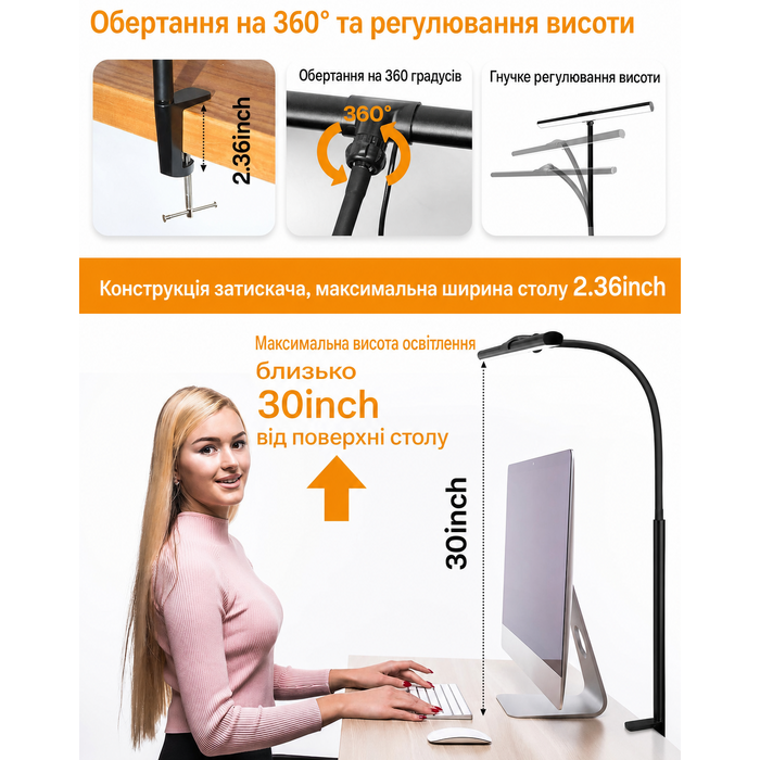 Світлодіодна настільна лампа з кліпсою, димеруванням, захистом для очей, 5 режимів яскравості і температури, для офісу, монітора, архітекторська, ретро стиль