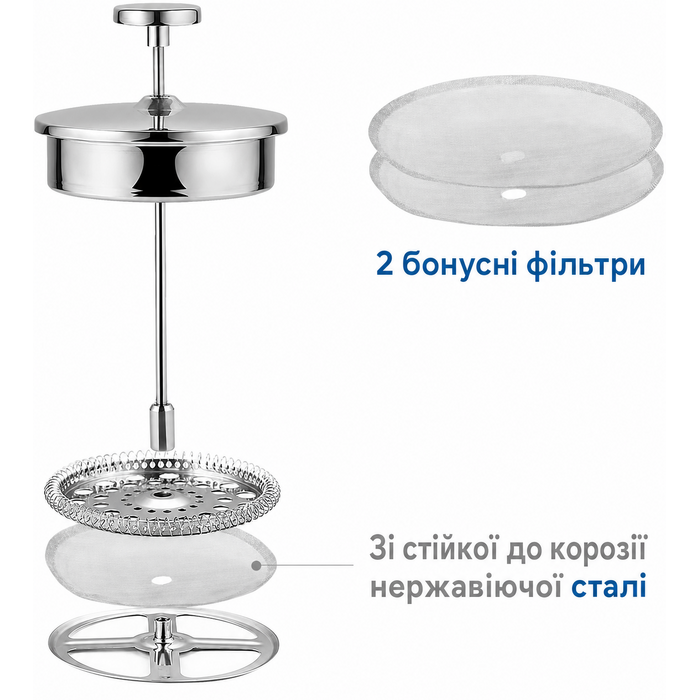 Френч-прес Ecooe 1,5 л з нержавіючої сталі 18/10, подвійні стінки, 3 фільтри, для кави, велика місткість