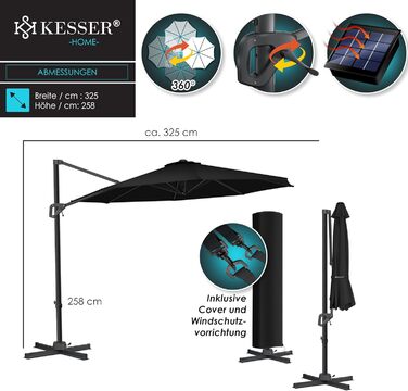 Сонячна парасоля KESSER® XL 330 см, кругла, з чохлом, вітрозахистом, 7-позиційне регулювання, нахил, обертання 360°, з ручкою, UV50+, чорна для саду