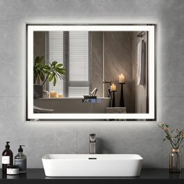 Дзеркало для ванної кімнати YOURLITE з LED-підсвічуванням 100x60 см, сенсорне управління, годинник, антизапар, 3 кольори світла, регулювання яскравості, функція пам'яті, білий (срібло)