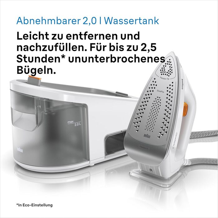 Парова станція Braun CareStyle 3 IS 3132 WH з підошвою FreeGlide 3D, тиск 6 бар, резервуар 2 л, 2400 Вт, білий/помаранчевий