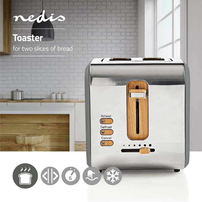 Тостер Nedis Soft Touch на 2 скибки, 6 режимів підсмажування, функції підігріву, розморожування та зупинки, для тостів, бейґлів, мафінів, сірий