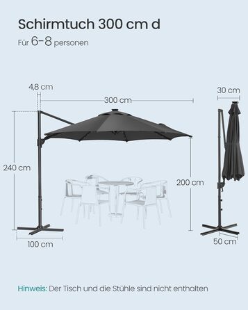 Парасоля SONGMICS для саду, 300 см, ампельна, 28 сонячних LED, UPF 50+, регулювання кута, 360° обертання, сірий