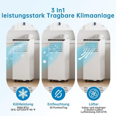 Мобільний кондиціонер 4-в-1 Leises 9000 BTU: охолодження, вентиляція, осушення, Follow-Me. Для кімнат до 43-51 м². З пультом, таймером на 24 год, цифровим дисплеєм та вивідним шлангом (білий)