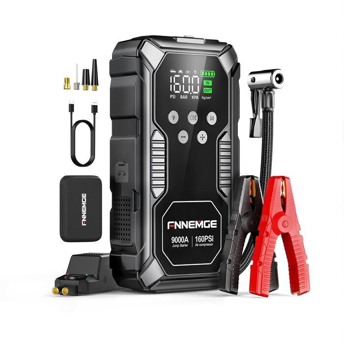 Пусковий пристрій (бустер) FNNEMGE 26800mAh 9000A з компресором 160PSI для авто 12V (бензин та дизель до 12.0L), Powerbank з LCD-екраном та LED-ліхтарем