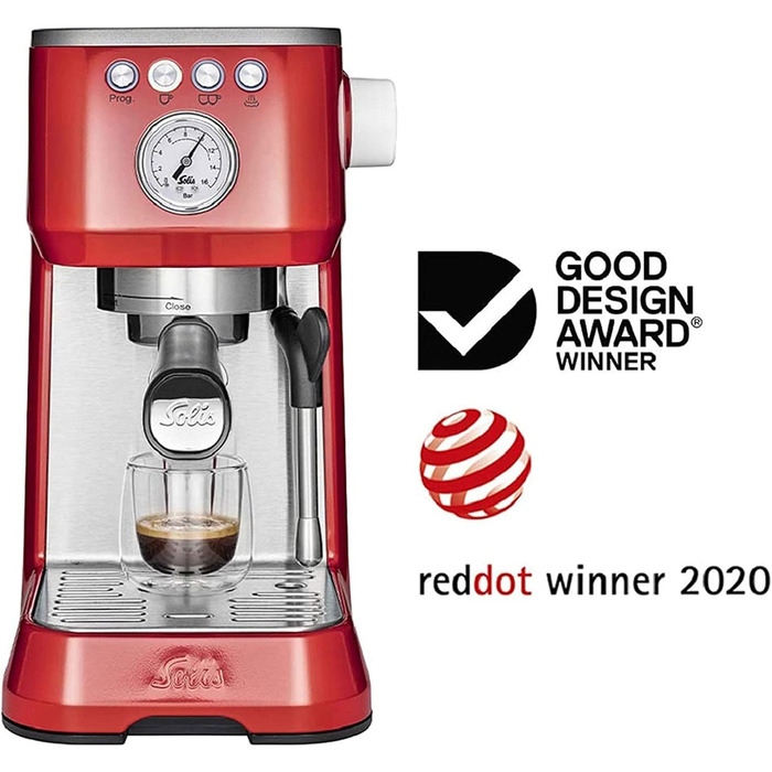 Еспресо-машина Solis Barista Perfetta Plus 1170, професійна ріжкова кавоварка з манометром, паровою та гарячоводною насадкою, температурним регулятором, 54 мм холдером, подвійним носиком, червона