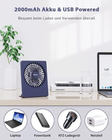 Вентилятор настільний TriPole з акумулятором USB, 2000mAh, 3 швидкості, низький рівень шуму (30дБ), кут нахилу 80°, для офісу, подорожей, темно-синій