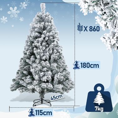 Штучна ялинка EINFEBEN 180 см зі снігом, 860 гілок, ПВХ, автоматична, біла, важкогорюча, на металевій підставці