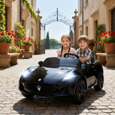 Дитячий електромобіль Maserati, 2 місця, акумулятор 12V, пульт дистанційного керування, світлодіодні фари, музична панель, чорний колір