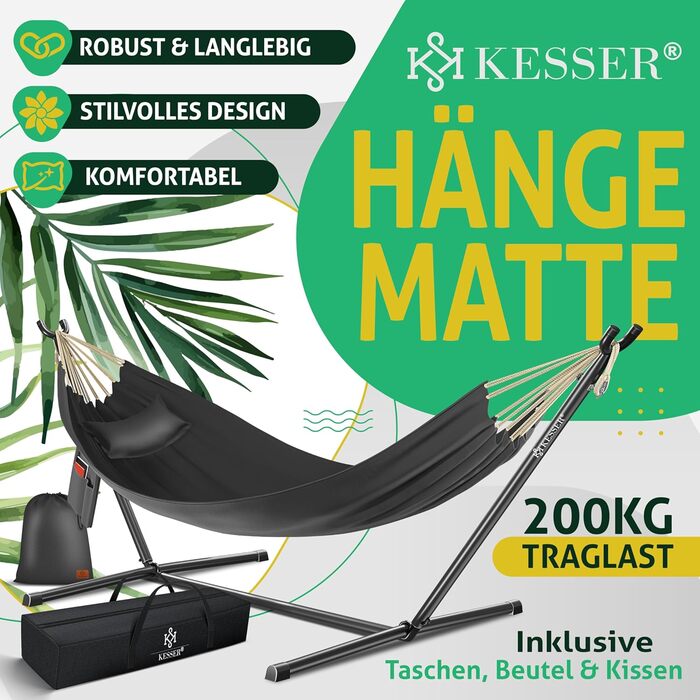 Гамак KESSER® Lake з каркасом для 2 осіб, до 200 кг, для дому та саду, XXL, антрацит. З подушкою, сумкою та мішком.