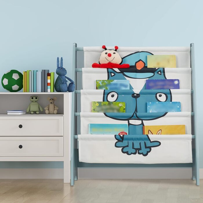 Дитяча книжкова полиця Relaxdays з малюнком собаки, 4 відділення, 71x61,5x30 см, МДФ та тканина, синя/біла