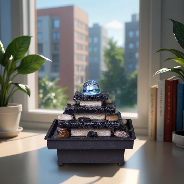 Настільний фонтан-каскад Eka Zen'light у вигляді храму зі сходами та кольоровою підсвіткою, бежево-чорний, 18x20x18 см — ديكоративний Zen-фонтан для релаксації