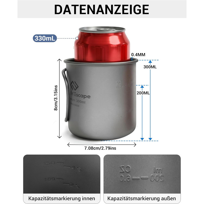 Титанова чашка для кемпінгу COOK'N'ESCAPE Titan Becher 300 мл з кришкою та складною ручкою - легка, міцна, жаростійка для туризму, пікніка