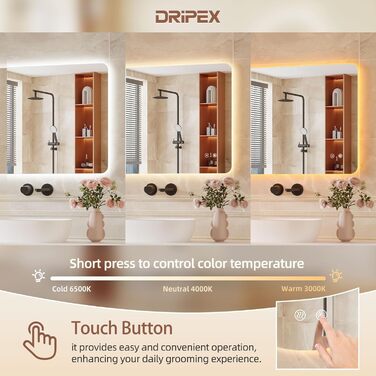 Дзеркало для ванної кімнати з LED підсвічуванням Dripex, сенсорне керування, регулювання яскравості, 3 кольори світла, антизапар, 80x80 см