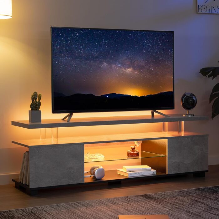 Тумба під телевізор LED 130 см, сучасна TV-тумба з підсвіткою та ящиками, сіра, для телевізора до 60 дюймів
