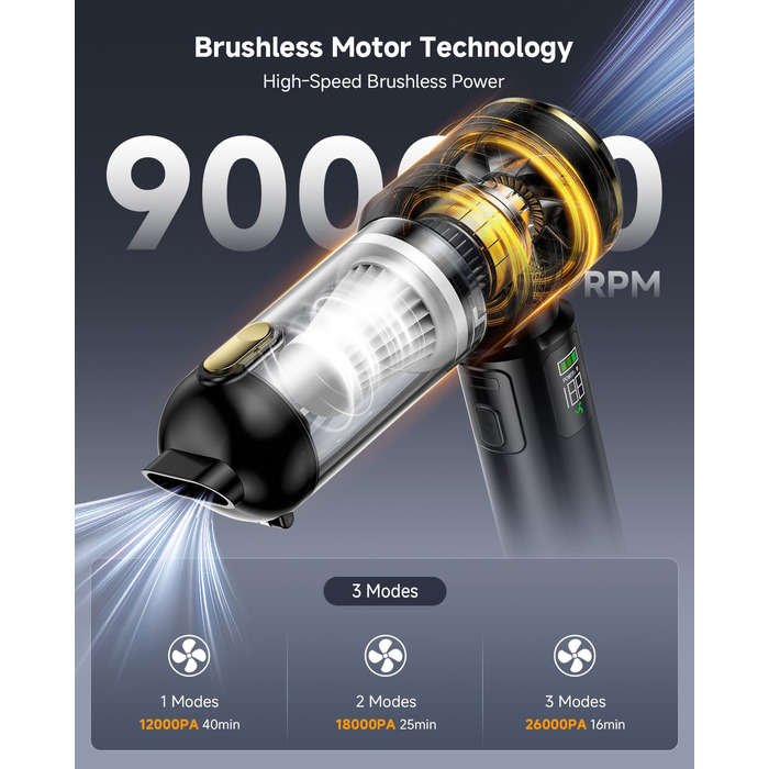 Акумуляторний ручний пилосос для автомобіля 26kPa з LED-дисплеєм, потужний портативний автопилосос, чорний