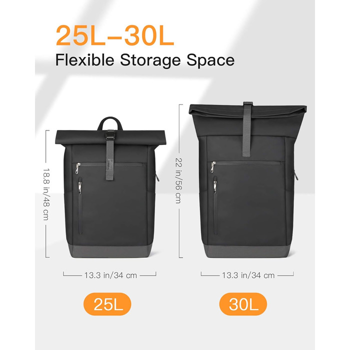 Рюкзак Inateck RollTop 25-30 л, чорний, для чоловіків і жінок, велосипедний, міський, для ноутбука 17
