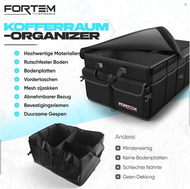 Органайзер у багажник автомобіля FORTEM (50л) — складана сумка-контейнер з відділеннями, протиковзаючим дном та ременями фіксації, чорний, розмір M