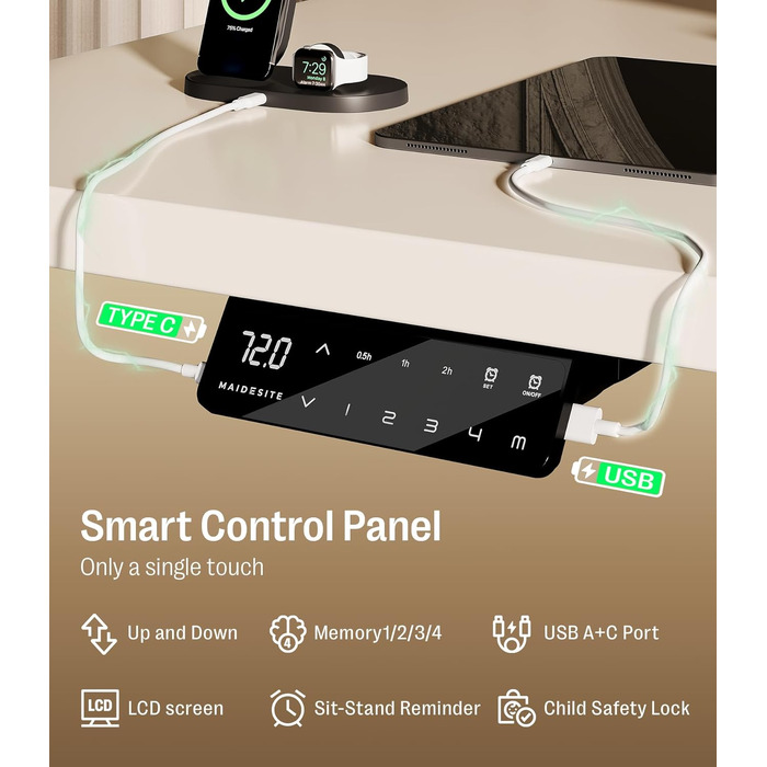 Електричний регульований стіл MAIDeSITe S2 Pro 140x70 см, чорна рама + біла стільниця, вантажопідйомність 160 кг, захист від зіткнень
