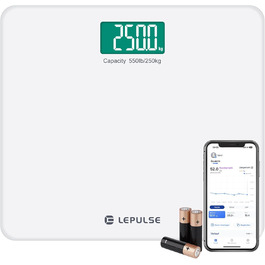 Розумна вага Lepulse S5 до 250 кг з Bluetooth, аналізом складу тіла, ІМТ, широкою платформою, срібляста, синхронізація з додатком