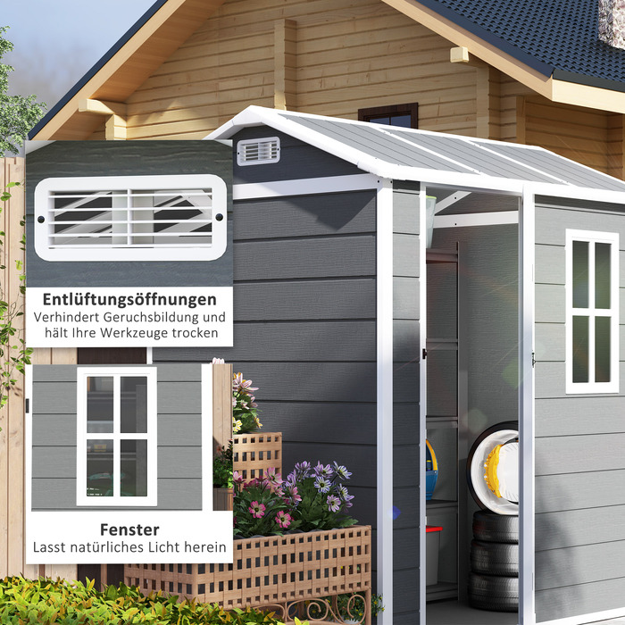 Садовий сарай Outsunny Пластиковий 2,1 м² 186 x 130 x 199 см Садовий сарай з двосхилим дахом Вікно Вікно, що замикається Погодостійкий садовий сарай Відкритий садовий сарай для заднього двору сірий