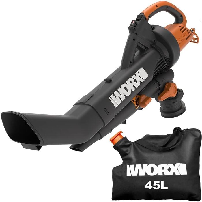WORX WG505E: Електричний повітродув та пилосос для листя 3000W – 3-в-1 (повітродув, пилосос, мульчер) з мішком 45л – швидкість 335 км/год, об'єм 600 м³/год