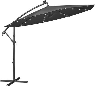Парасолька SONGMICS з LED-сонячним підсвічуванням, 300 см, 32 LED, з підставкою, сонцезахист UPF 50+, для балкона, тераси, саду, сіра